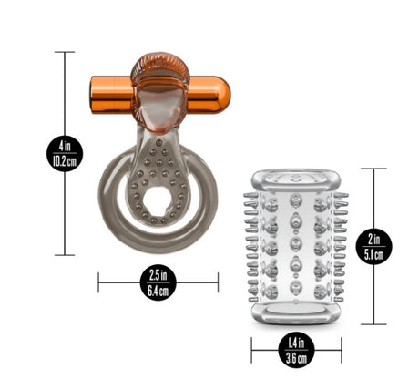 Blush Stay Hard Vibrating Cock Ring Set with Textured Sleeve - BL-66099