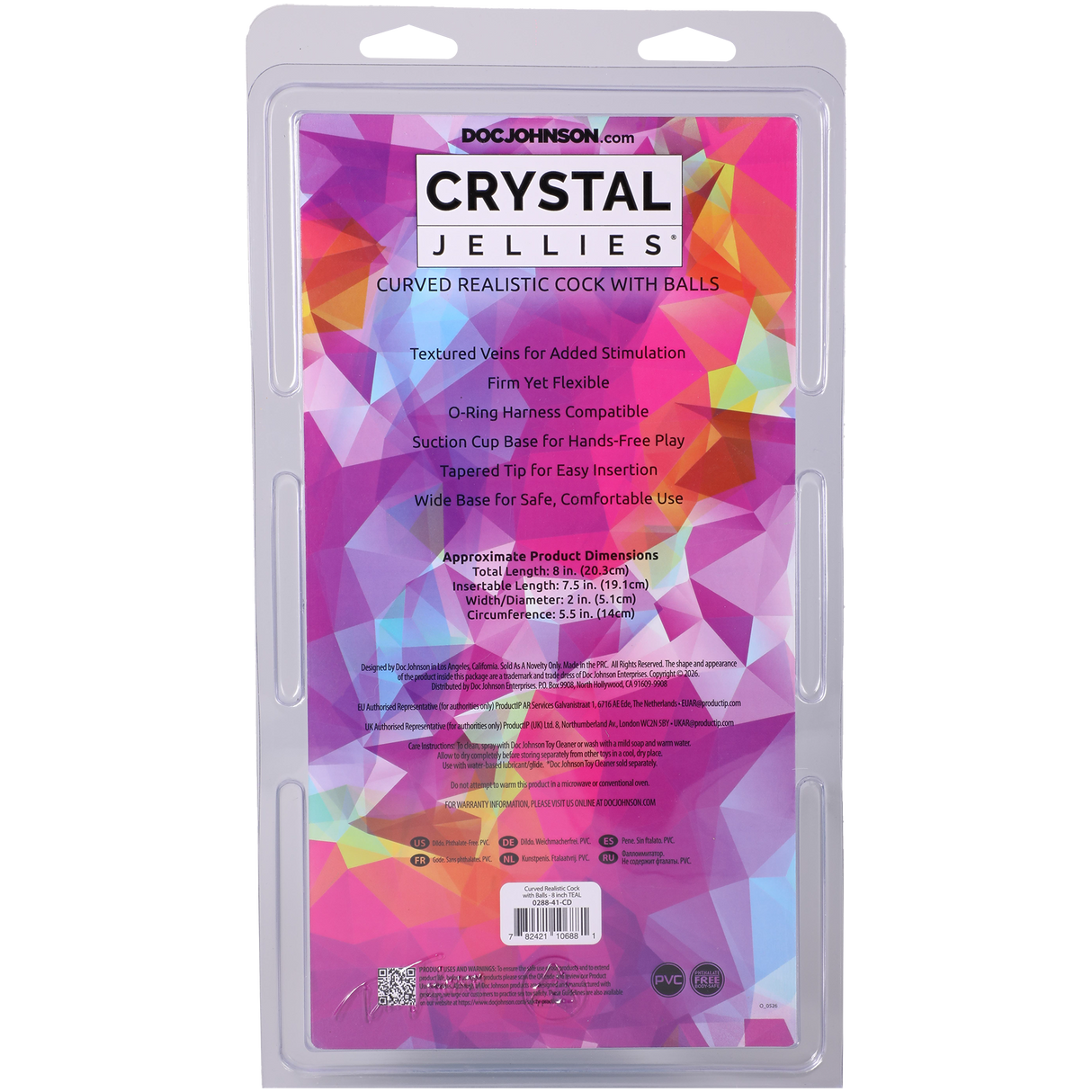 Doc Johnson Crystal Jellies Curved Realistic Dildo with Balls — 8 in Teal - DJ0288-41-CD