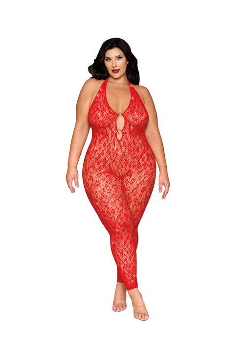 Dreamgirl Rhinestone Bodystocking — Poinsettia, Queen Size - DG-0517XRDQS