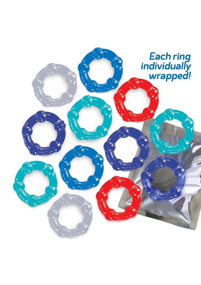 Icon Brands Baller Dozen Beaded TPR Cock Ring Set — 12 Pack - IC2698