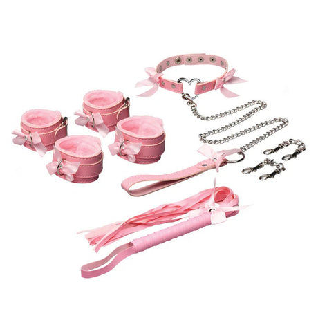 XR Brands Kawaii Bondage Set — Pink Faux Leather Collar, Cuffs & Flogger - MS-AH823