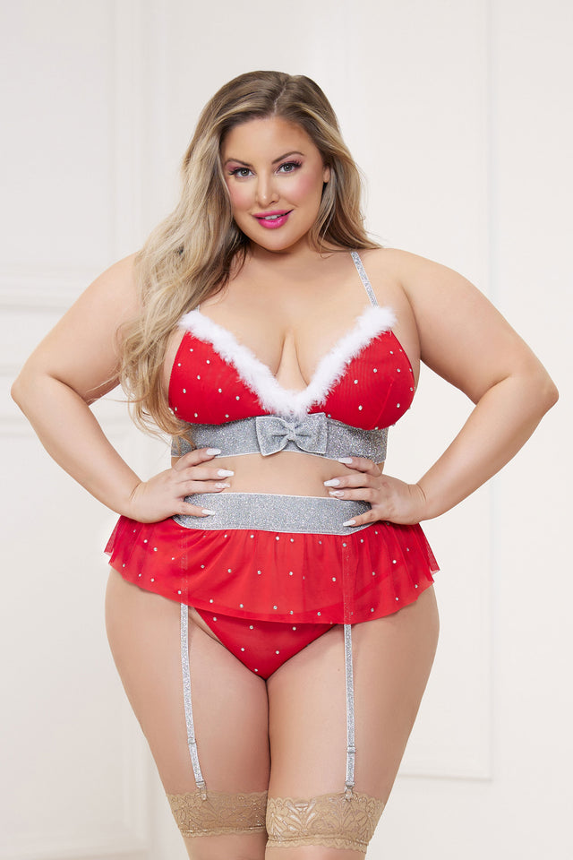 "3 Pc Rhinestone Stud Bra With Marabou Trim and  Garter Belt With Mesh Thong - Queen - Red STM-11478XPRDQ"