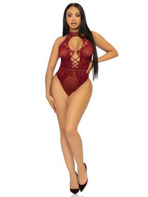 Leg Avenue Net & Lace Keyhole Halter Bodysuit — One Size, Burgundy - LA-89307BUROS