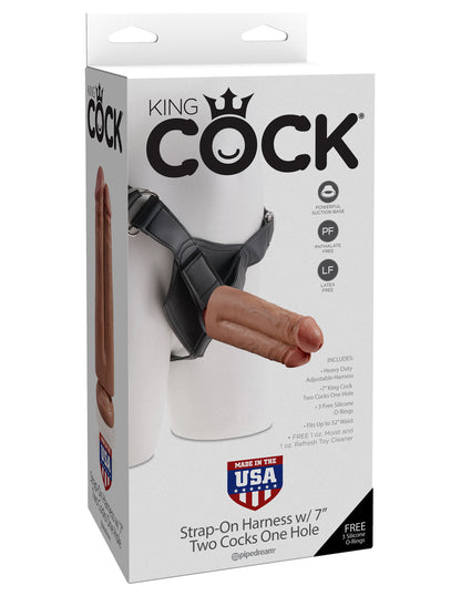 King Cock Strap-on Harness With 7" Two Cocks One Hole - Tan by Pipedream