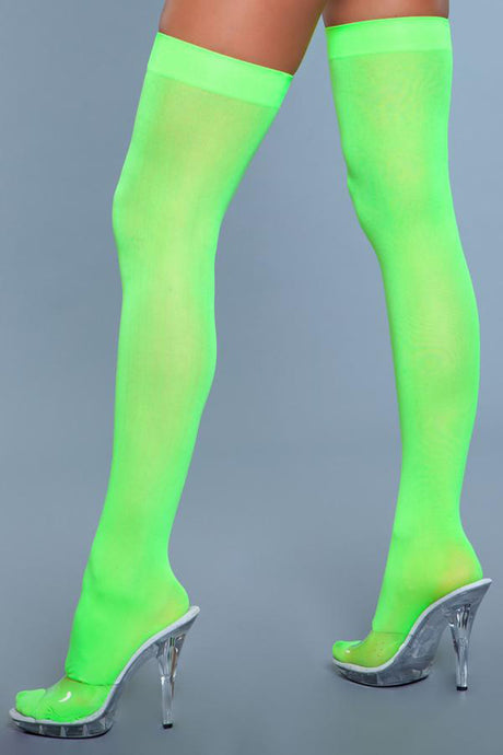 BeWicked Opaque Nylon Thigh Highs — Neon Green, One Size - BW-1932NGRN
