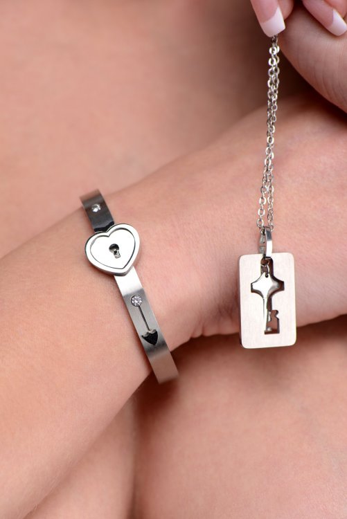 XR Brands Locking Rhinestone Cuff Bracelet & Key Necklace — 6.25" Cuff, 19" Chain - MS-AF916