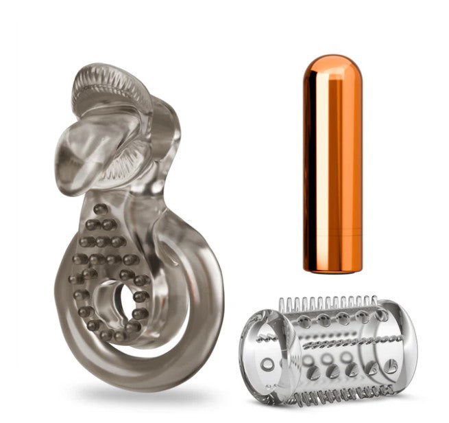 "Stay Hard Vibrating Cock Ring Set With Sleeve Textured Sheath BL-66099"