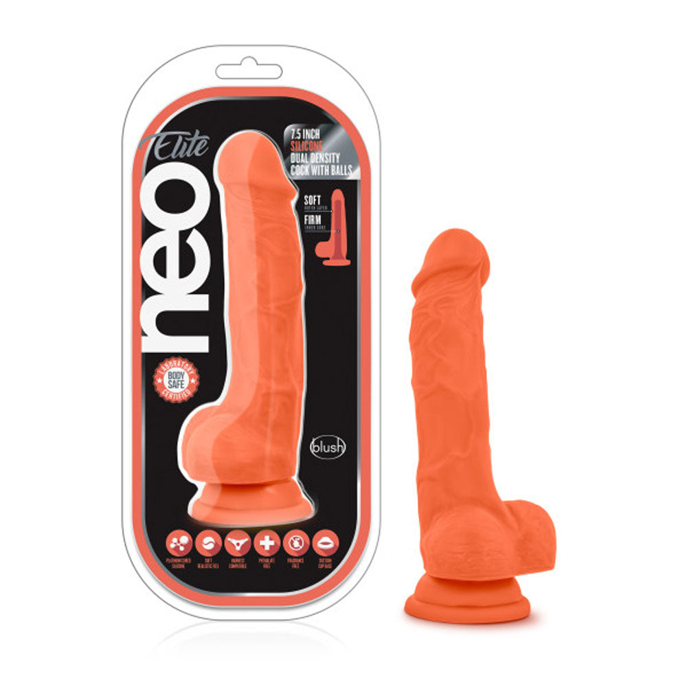 Neo Elite - 7.5 Inch Silicone Dual Density Cock With Balls - Neon Orange by Blush