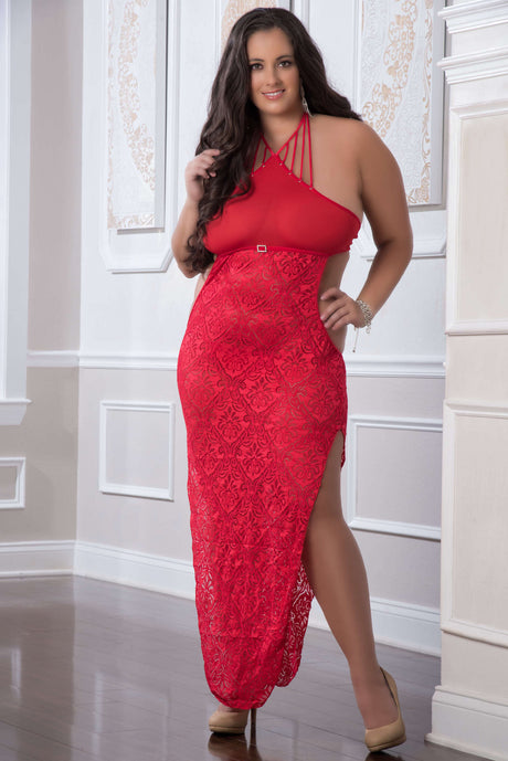 G-World 2-Piece Shoulder-Baring Lace Night Dress Set — Queen Size, Red Cherry - GWD-D1904PQRC