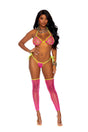 Elegant Moments Pink Striped Bra, G-String & Footless Thigh Highs — One Size - EM-82531PNKOS