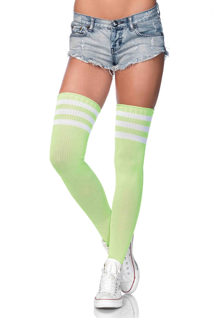 "3 Stripes Athletic Ribbed Thigh Highs - One Size - Neon Green LA-6605NGRN"