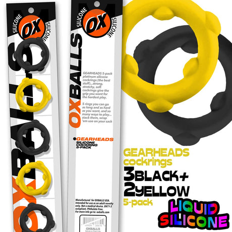 OXBALLS Gearheads 5-Pack Spinner Cock Rings — Yellow & Black - OX-3203-YLBK