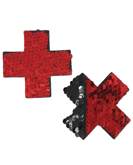 Pastease Flip Sequin Cross Pasties — Red/Black, One Size