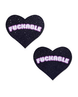 Pastease F*CKABLE Heart Pasties — Black Glitter Velvet with Pink Lettering, O/S