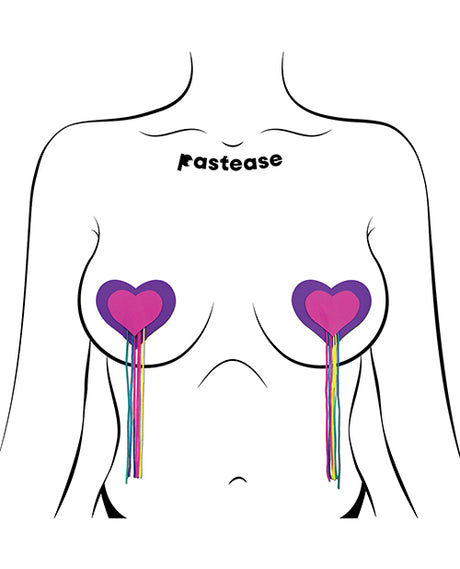 Pastease Heart Tassel Pasties - Neon Pink & Purple with Rainbow Fringe