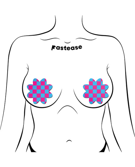 Pastease Neon Checkered Petal Pasties — Pink/Blue, 3" x 3" (One Size)