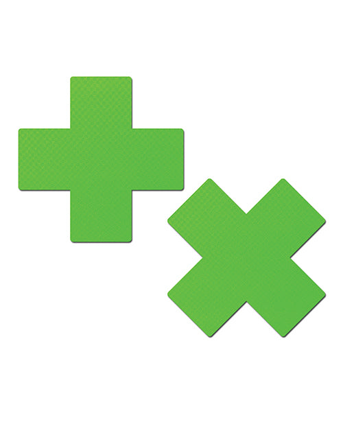 Pastease Neon Green Black-Light Cross Nipple Pasties — One Size