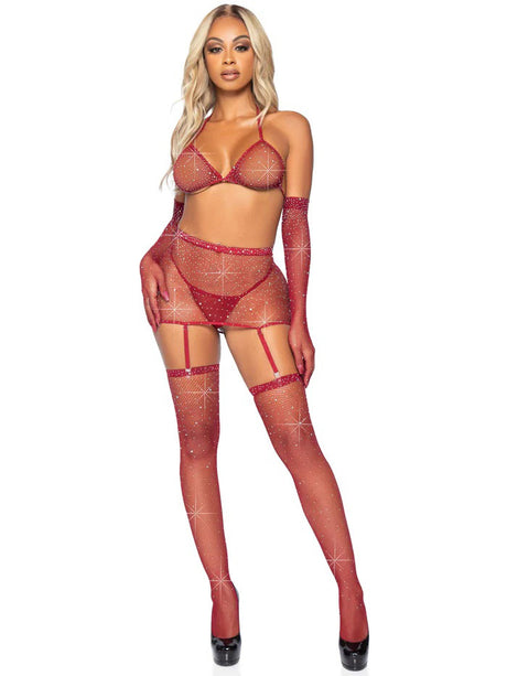 Leg Avenue 5-Piece Rhinestone Fishnet Lingerie Set — Burgundy (One Size) - LA-81617BUR