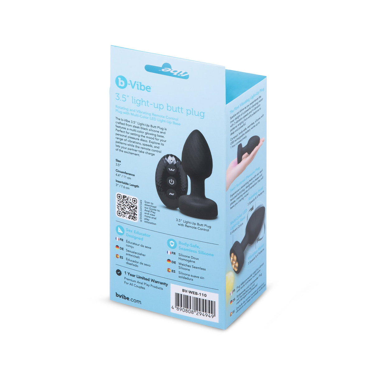 b-Vibe 3.5" Light-Up Butt Plug with Remote — Black - BV4949