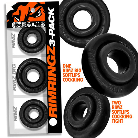 OXBALLS Rimringz 3‑Pack Cockrings — Black (2 Regular + 1 Big) - OX-3206-BLK