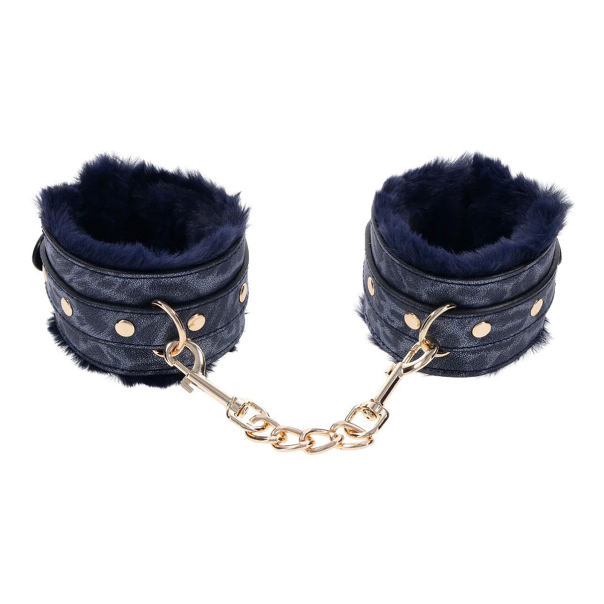 Sportsheets Cougar Fur Handcuffs — Blue Faux Fur & Gold Hardware - SS09971