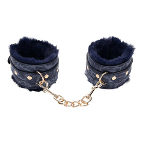 Sportsheets Cougar Fur Handcuffs — Blue Faux Fur & Gold Hardware - SS09971