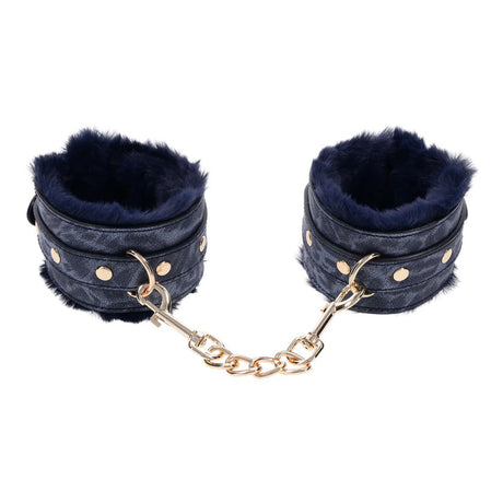 Sportsheets Cougar Fur Handcuffs — Blue Faux Fur & Gold Hardware - SS09971