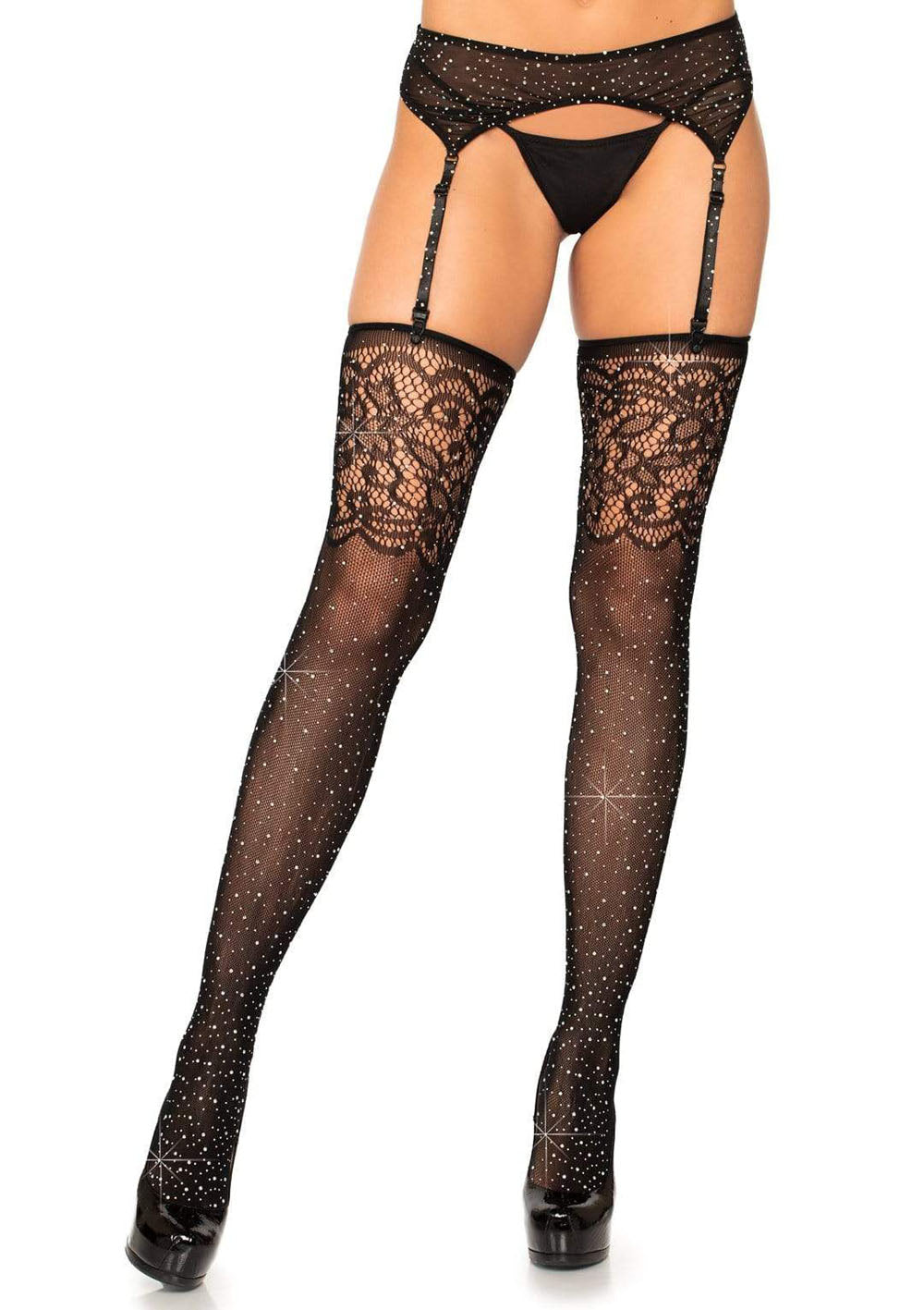 Rhinestone Lace Top Fishnet Stockings - One Size - Black by Leg Avenue
