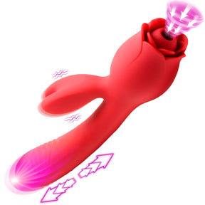 Bloomgasm Blooming Bunny Rabbit Vibrator — Thrusting & Sucking, Red - INM-AH311