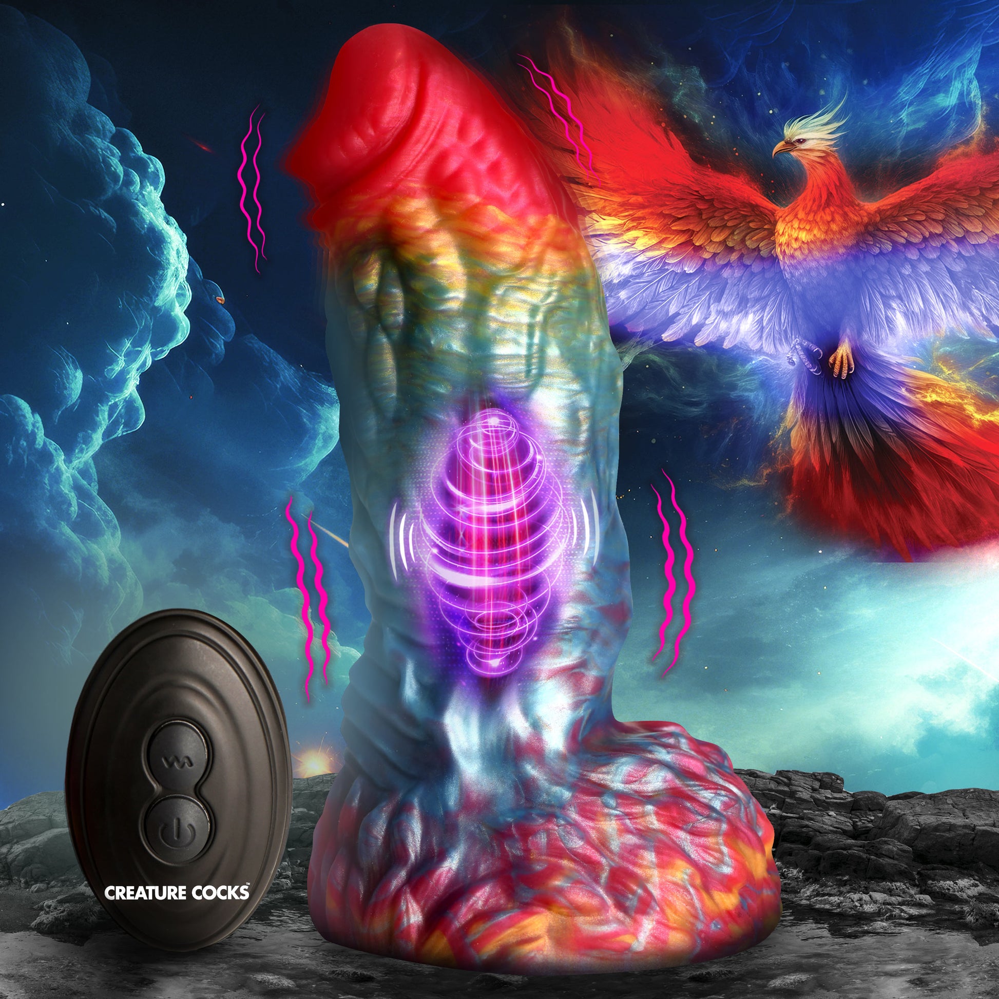Rainbow Phoenix Vibrating Silicone Dildo with Remote by Creature Cocks