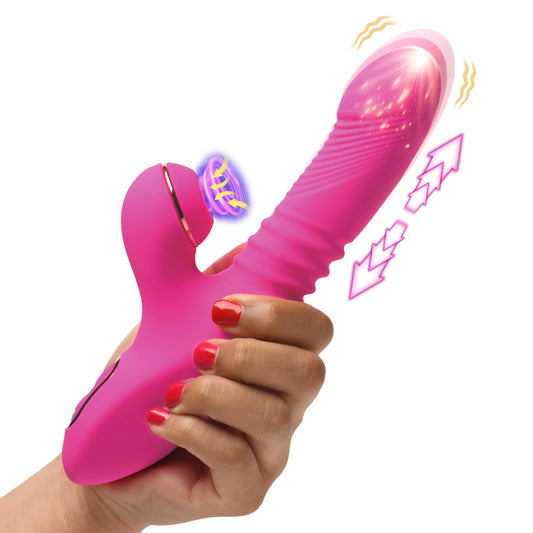 Shegasm Pro-Thrust Silicone Rabbit Vibrator — Thrust & Suction, Pink - 848518054449