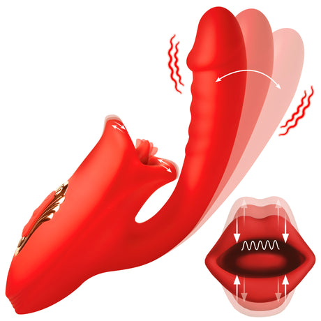 Lickgasm Deep Kiss Silicone Licking Rabbit Vibrator — Red, USB Rechargeable - 848518054890