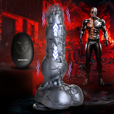 Creature Cocks Cyborg Thrusting & Vibrating Silicone Dildo, Silver, 8.8–9.4 in - 848518055828