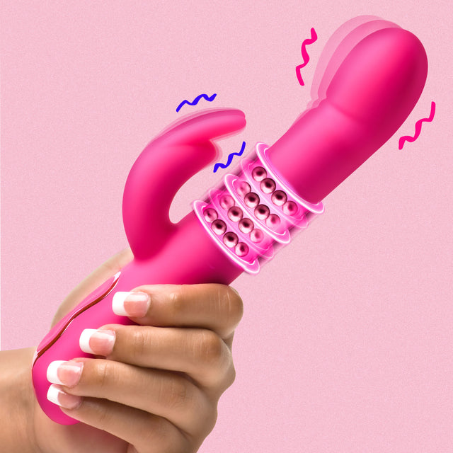 Bang! Beaded Come-Hither Silicone Rabbit Vibrator, Pink - 848518057020