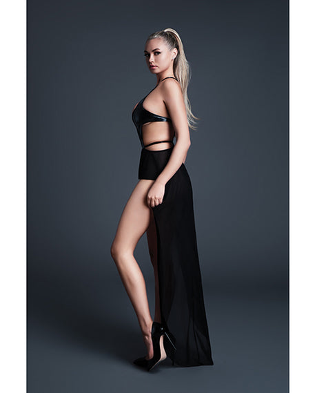 Allure Latex-Look Vinyl & Mesh Teddy with Attached Skirt — Small, Black