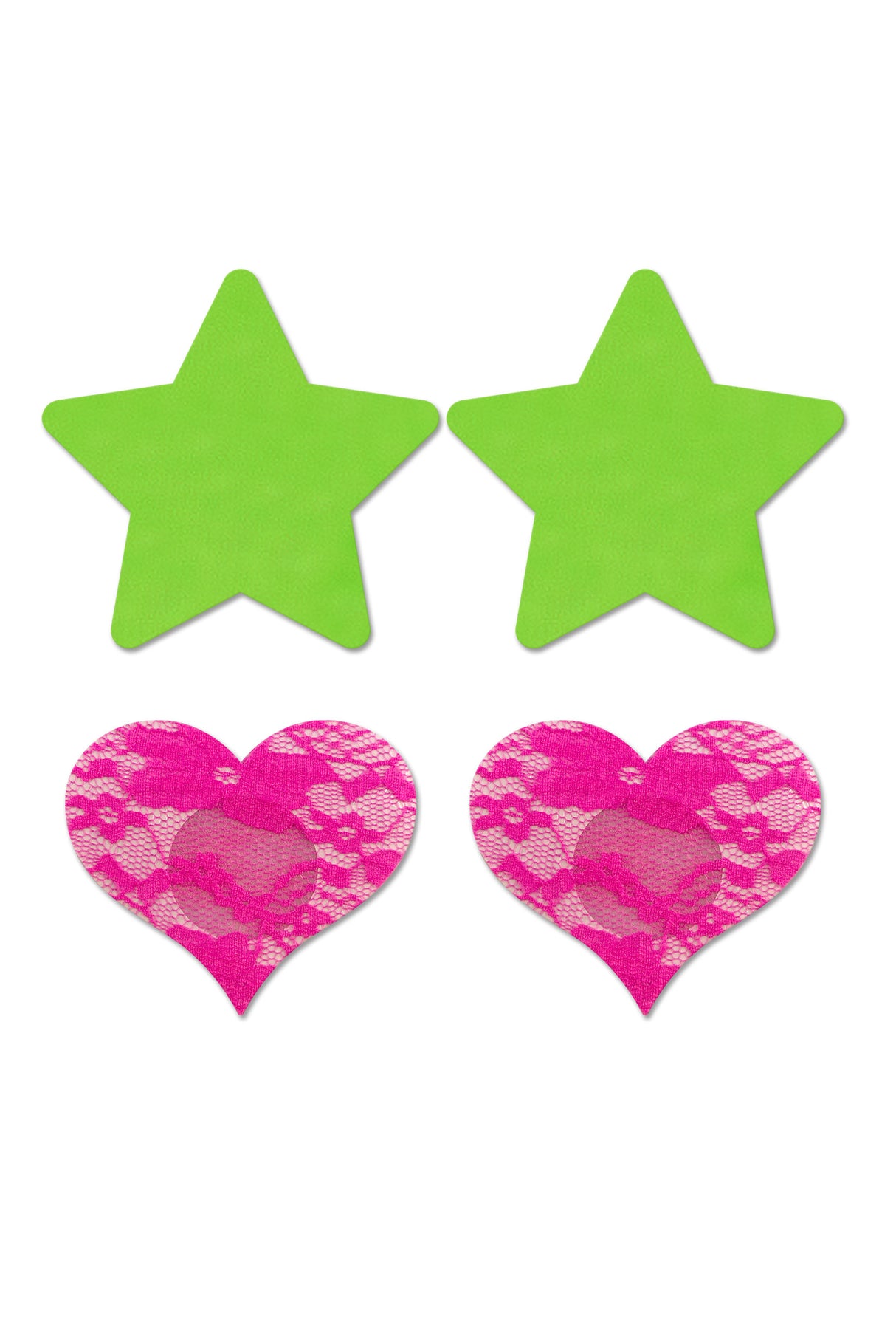 Fantasy Lingerie Fashion Pasties Set — Neon Green Star & Neon Pink Lace, 2 Pairs - FL-FLA101NEON
