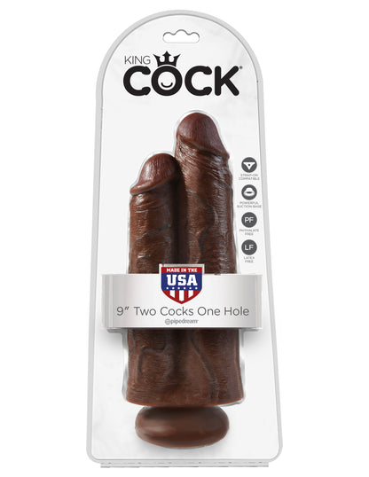 King Cock 9 Inch Two Cocks One Hole - Brown by Pipedream