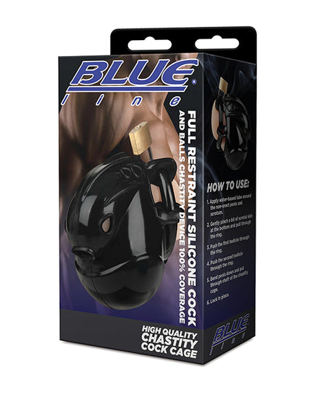 Blue Line Full Restraint Silicone Cock & Balls Chastity Device — Black