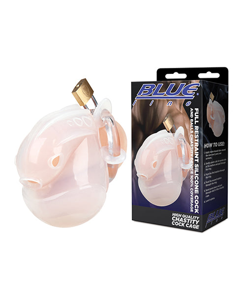 Full Restraint Silicone Cock & Balls Chastity Device - 100% Coverage White by Blue Line
