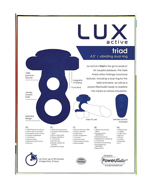 Lux Active Triad 4.5" Vibrating Dual Ring w/Remote - Dark Blue by Lux Active