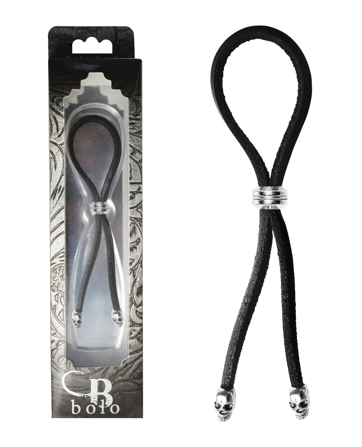 Bolo Cock Ring Leather Lasso Bead Slider w/Skull Tips - Black/Silver by Bolo