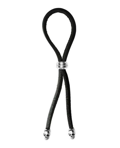 Bolo Cock Ring Leather Lasso Bead Slider w/Skull Tips - Black/Silver by Bolo