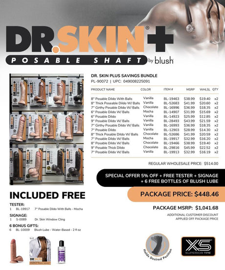 Blush Dr. Skin Plus Savings Bundle — Assorted Posable Dildos & Water-Based Lube - PL-90072