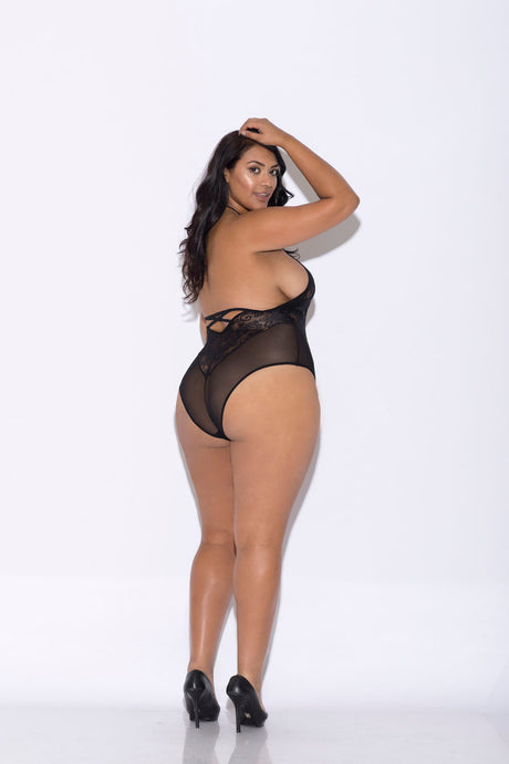 Glitter Lace and Mesh Halter Teddy — Queen Size, Black - GLTR-35019XBLK