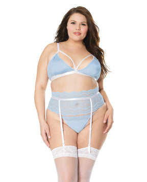 Scallop Stretch Lace Bra, Garter Belt & G-String Light Blue/White 2X by Coquette