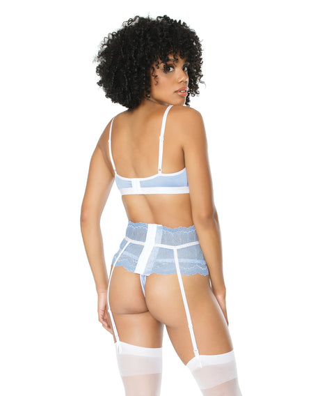 Coquette Scallop Stretch Lace Bra, Garter Belt & G-String Set — Light Blue/White S/M