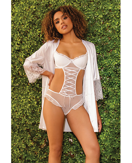 Coquette Ruffled Crotchless Teddy — White, Large