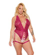 Scallop Stretch Lace Crotchless Teddy w/Lace Up Front Raspberry OS/XL by Coquette