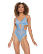 Scallop Stretch Lace & Sheer Mesh Teddy w/Front V Cut Out Blue MD by Coquette