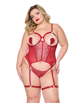 Metallic Stretch Scallop Lace and Mesh Bustier w/Thong - Red 1X/2X by Coquette
